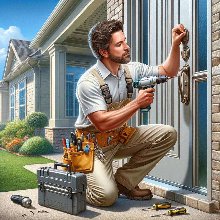 Residential locksmith at work, featuring a middle-aged white male in a suburban setting