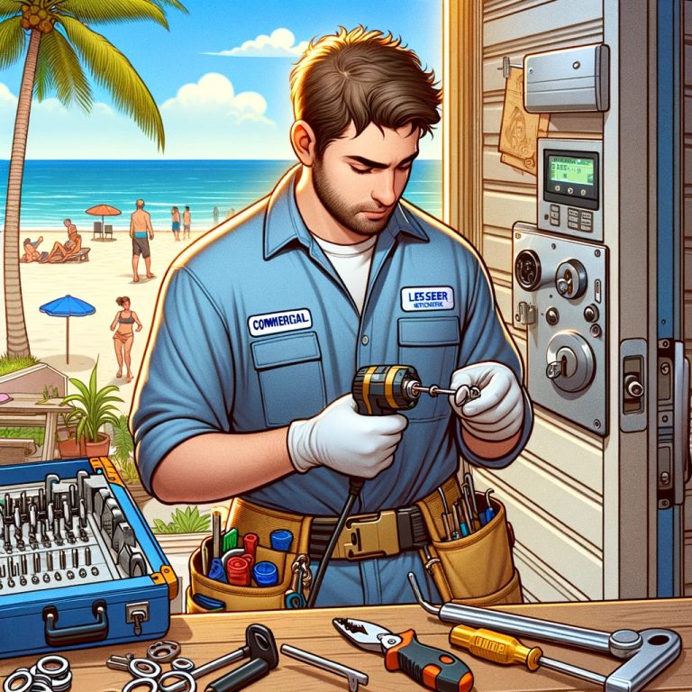 Young white male commercial locksmith working in Panama City Beach