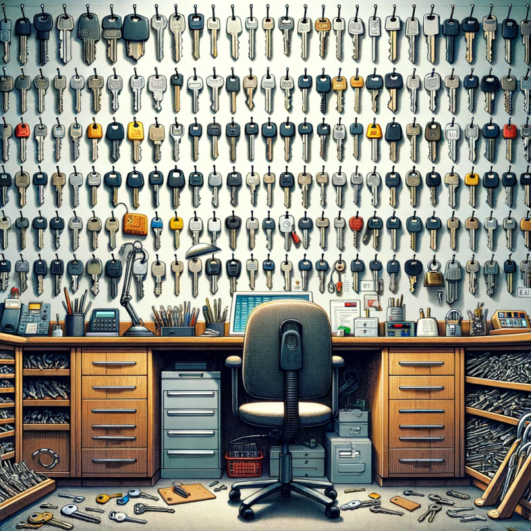 Wall full of keys in a locksmith's office, capturing the organized and professional atmosphere of the workspace