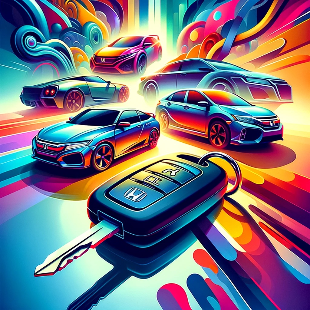 vivid and colorful illustration that features sleek, modern car keys resting on a polished surface, surrounded by abstract representations of Honda models