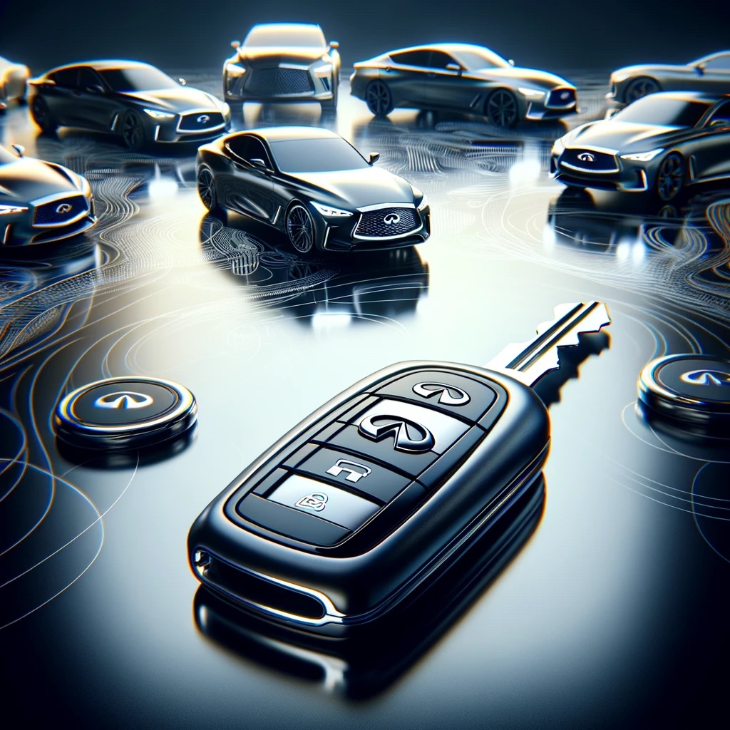 illustration featuring modern car keys with a design inspired by high-end luxury Infiniti, prominently displayed on a reflective