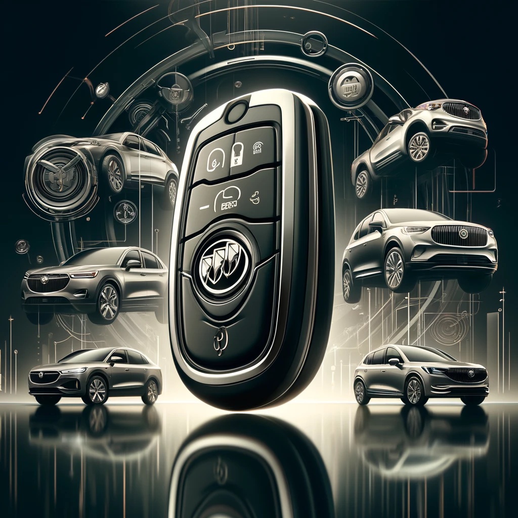 illustration depicting a modern Buick car key on a reflective surface, capturing the elegance and sophistication of the Buick