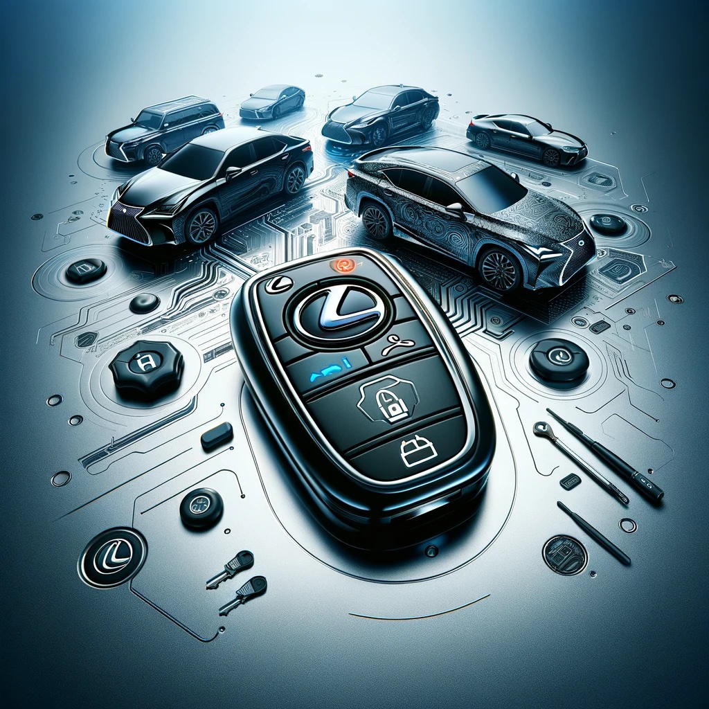 photorealistic illustration featuring a modern Lexus car key on a reflective surface, embodying the luxury and precision