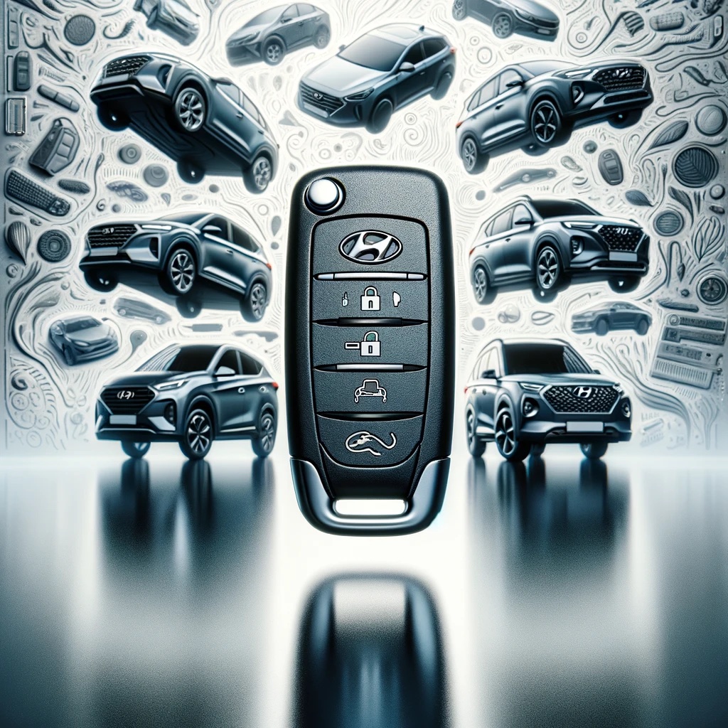 llustration that showcases a modern Hyundai car key on a reflective surface, emphasizing the brand's focus on innovation