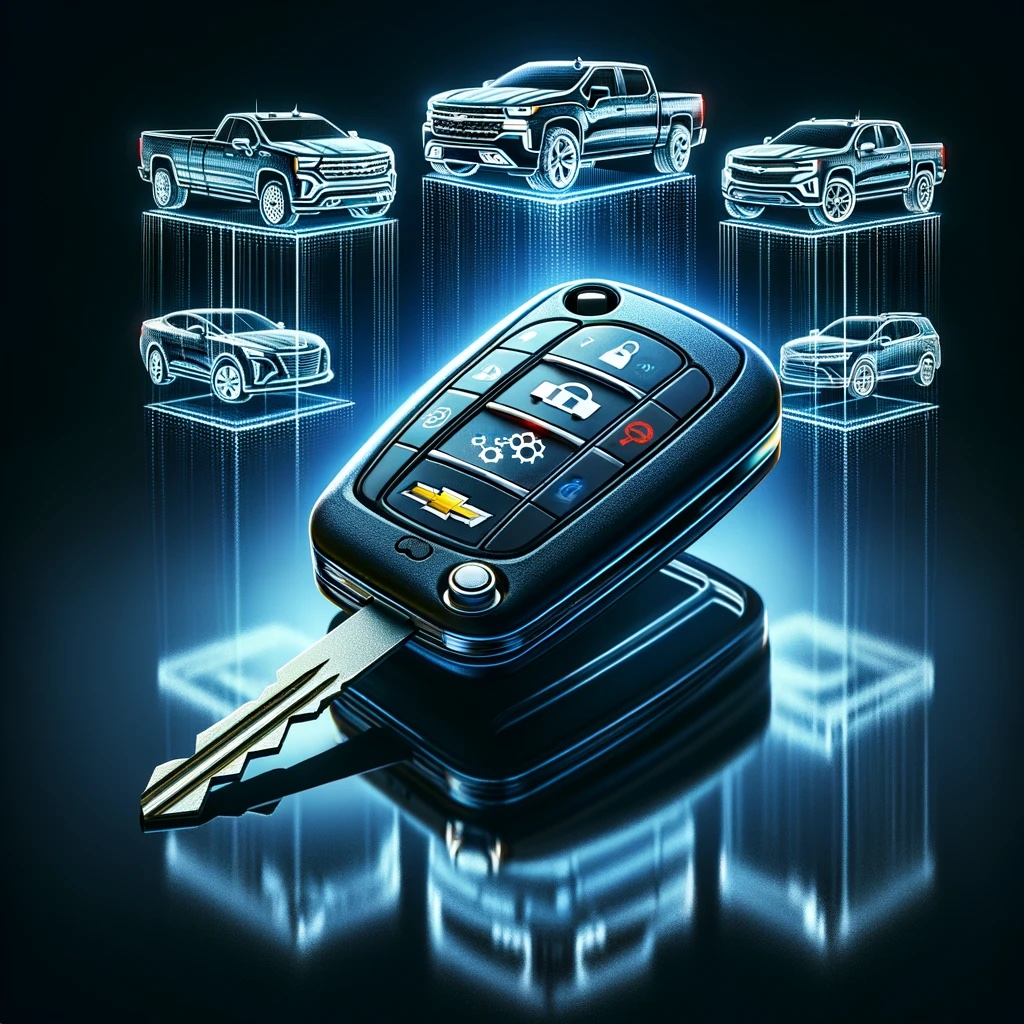 photorealistic illustration of a modern Chevrolet car key on a reflective surface