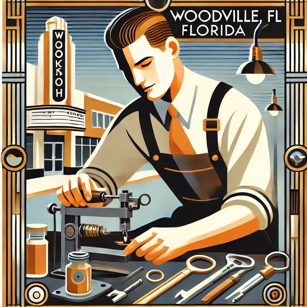 Art Deco-style illustrations of a locksmith working in Woodville, Florida, with the town in the background.