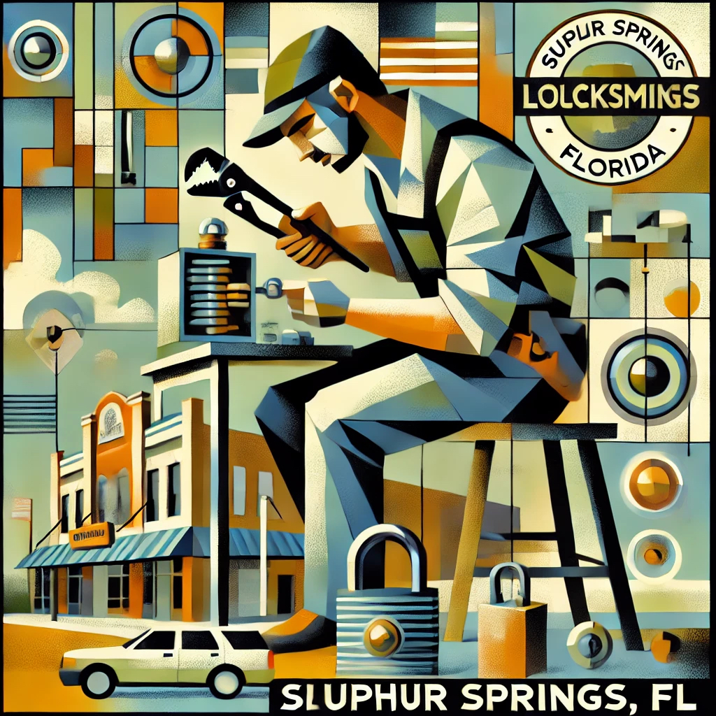 Cubism-style illustrations of a locksmith working in Sulphur Springs, Florida, with the town in the background