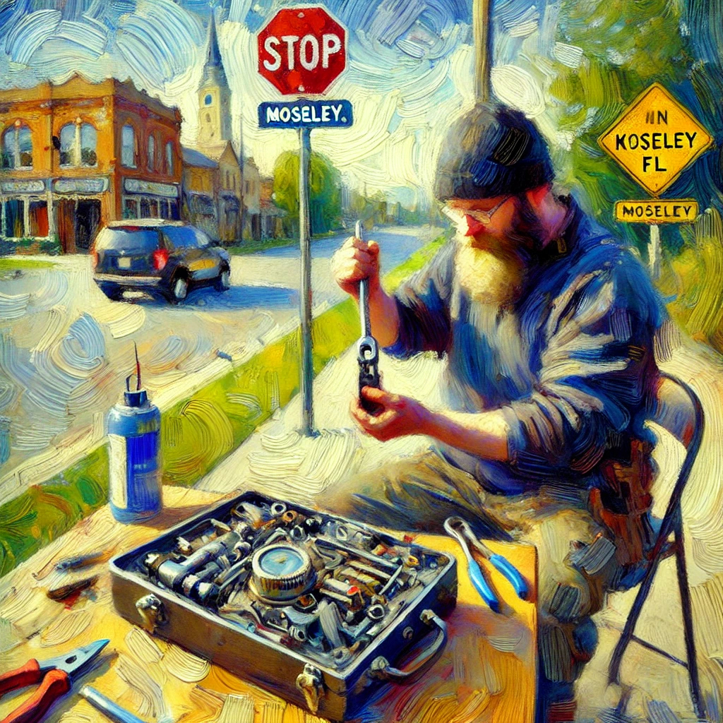 impressionist-style illustrations of a locksmith working in Moseley, Florida, with the background showcasing the location in a vibrant and artistic way.