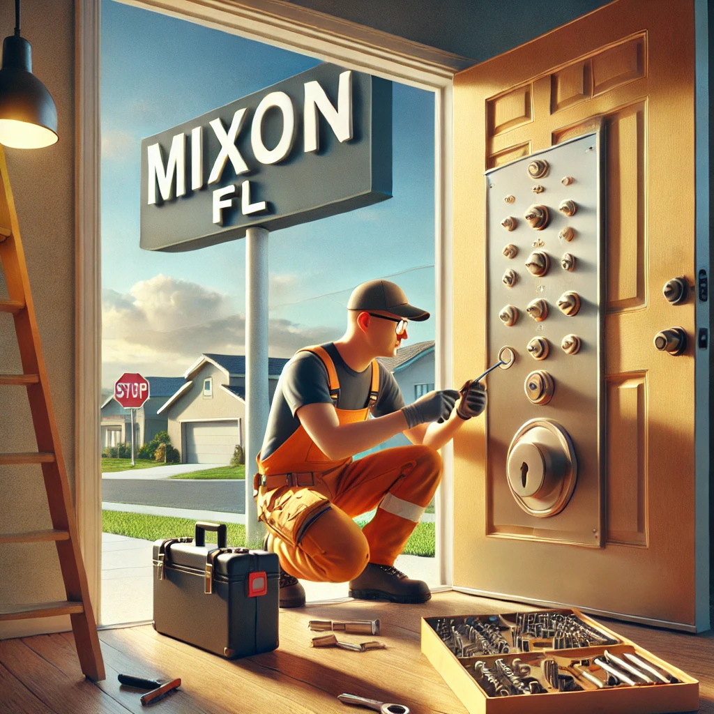 photorealistic illustrations of a locksmith working in Mixon, Florida, with the location visible in the background.