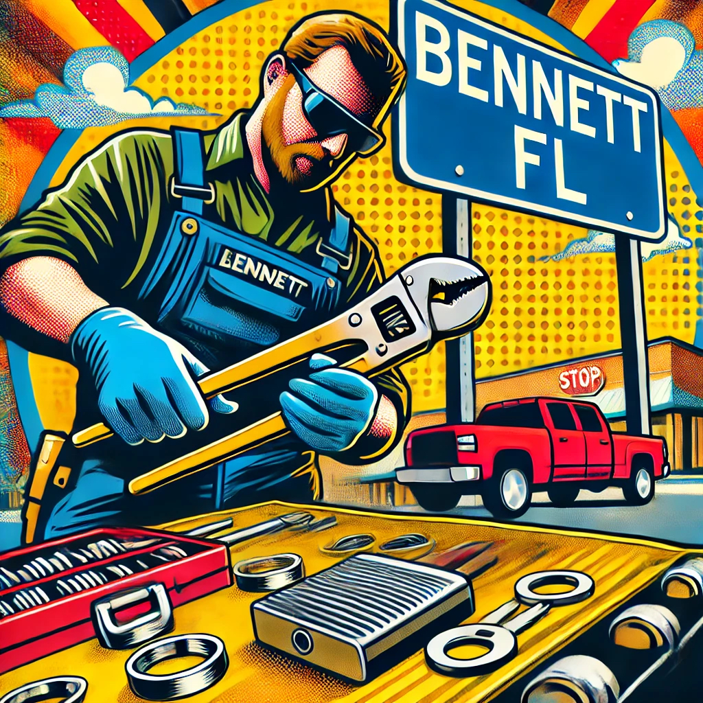 Pop art-style illustrations of a locksmith working in Bennett, Florida, with the town featured in the background