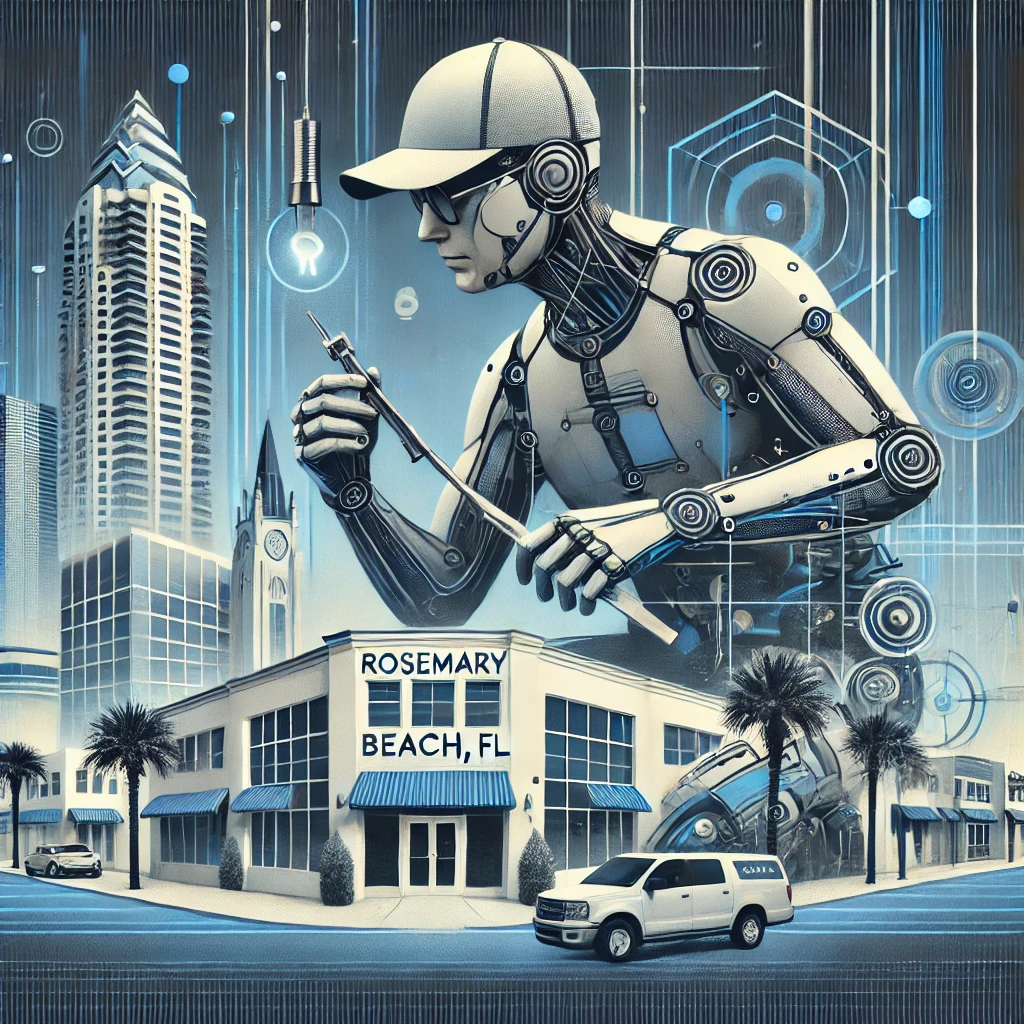 futurism-style illustrations of a locksmith working in Rosemary Beach, Florida, with advanced technology and futuristic elements