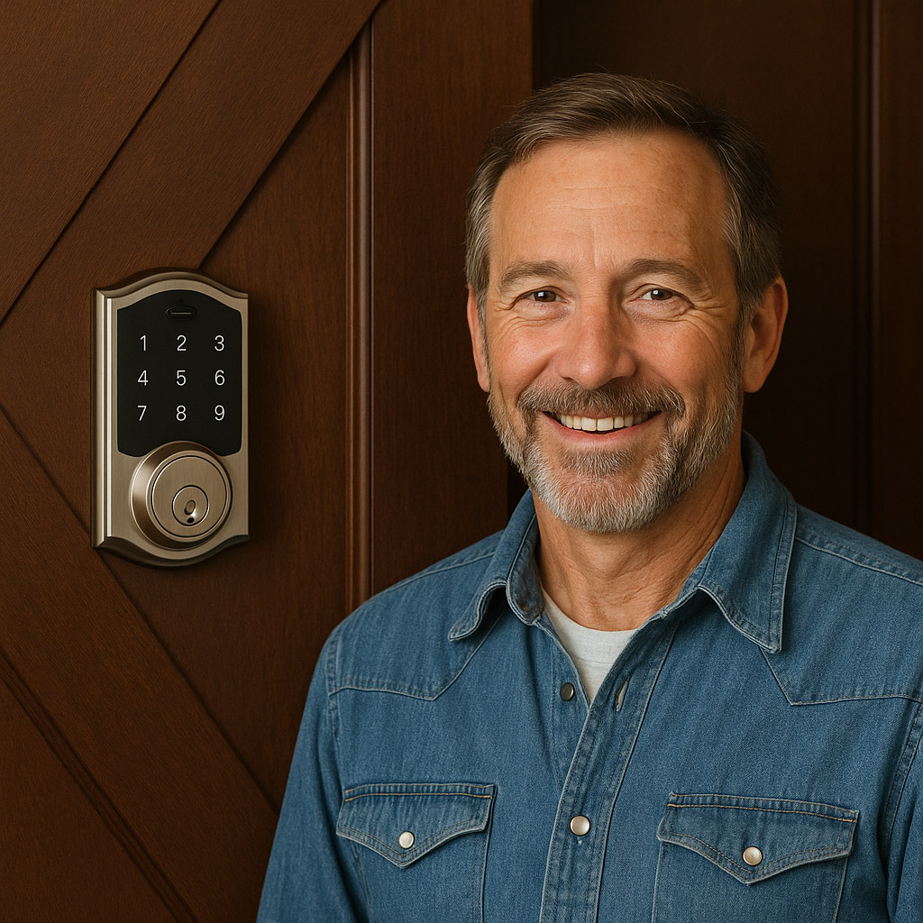 Friendly locksmith in Panama City Beach standing next to a modern keypad lock on a wooden residential door, wearing a denim shirt and smiling confidently.