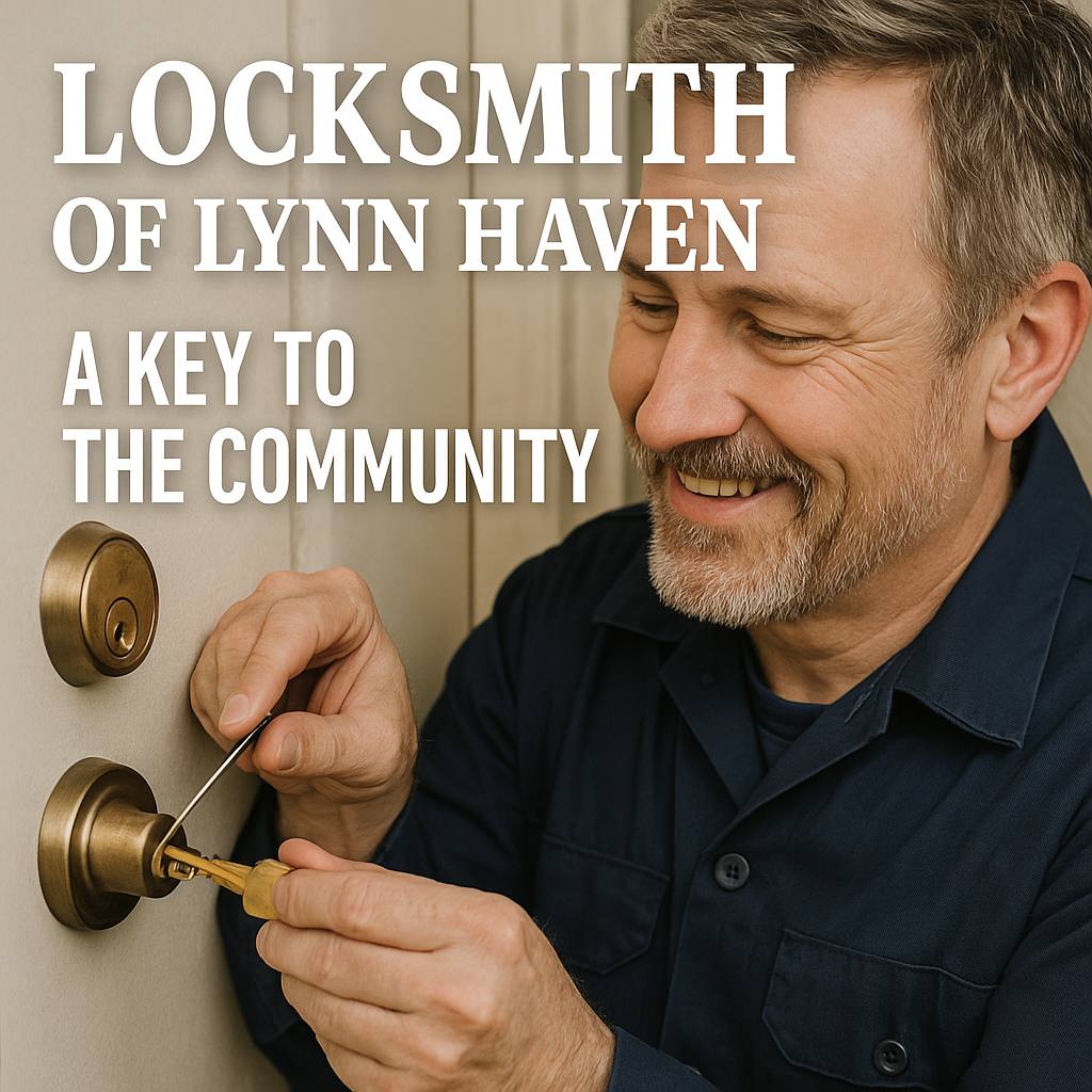 Smiling locksmith in a navy shirt works on a door lock with tools, next to bold text reading “Locksmith of Lynn Haven – A Key to the Community.”