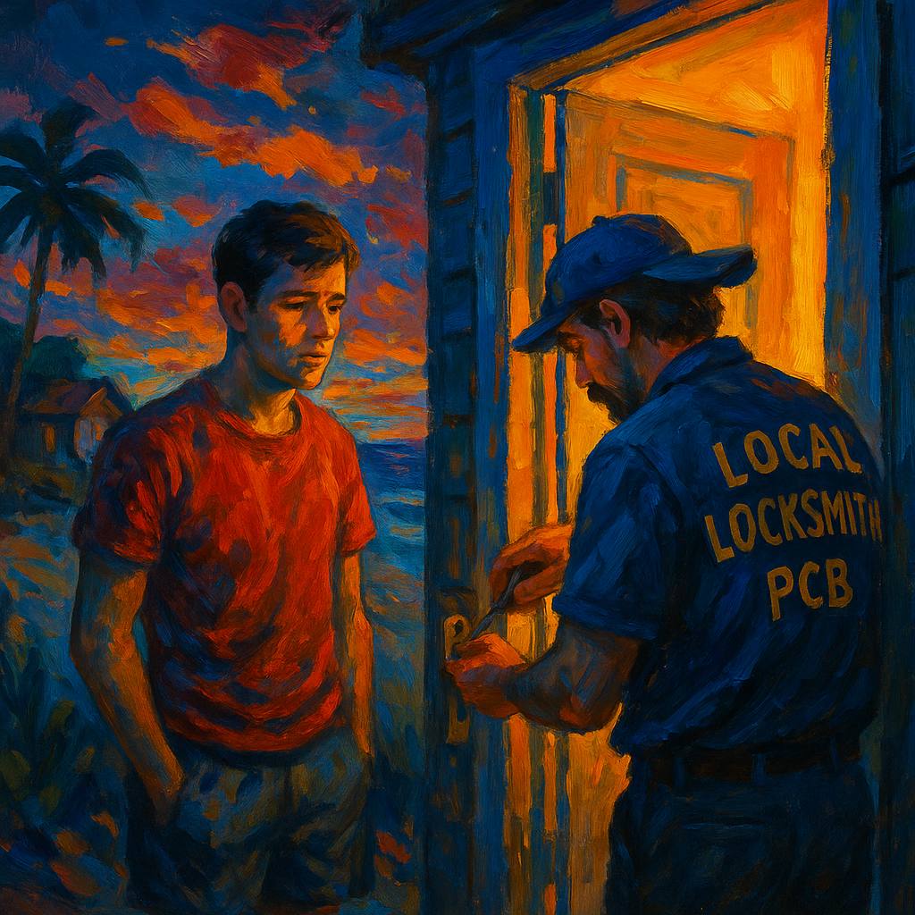 Local locksmith in Mexico Beach helping a stranded tourist unlock a beachside cottage at sunset, with warm interior light and dramatic ocean sky in the background.
