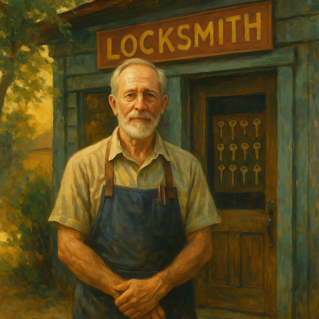 A traditional-style painting of an older locksmith standing calmly in front of his rustic teal shop in Vicksburg, FL. He has a white beard, wears a beige shirt and a dark blue apron, with keys hanging on the wooden door behind him. The scene is bathed in warm, golden afternoon light, surrounded by lush greenery, evoking a sense of quiet trust and small-town charm.