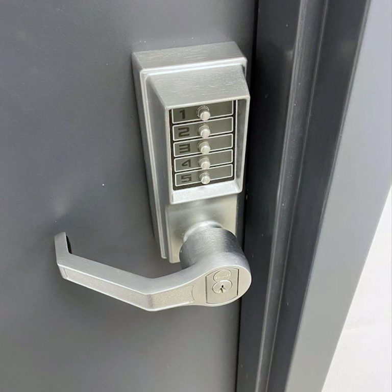 Commercial push-button keypad door lock installed on a business entrance in Panama City, FL