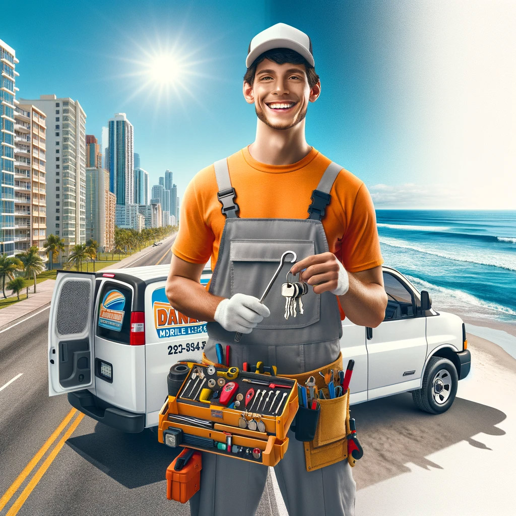 Smiling mobile locksmith technician helping customers near the beach in Panama City Beach, FL
